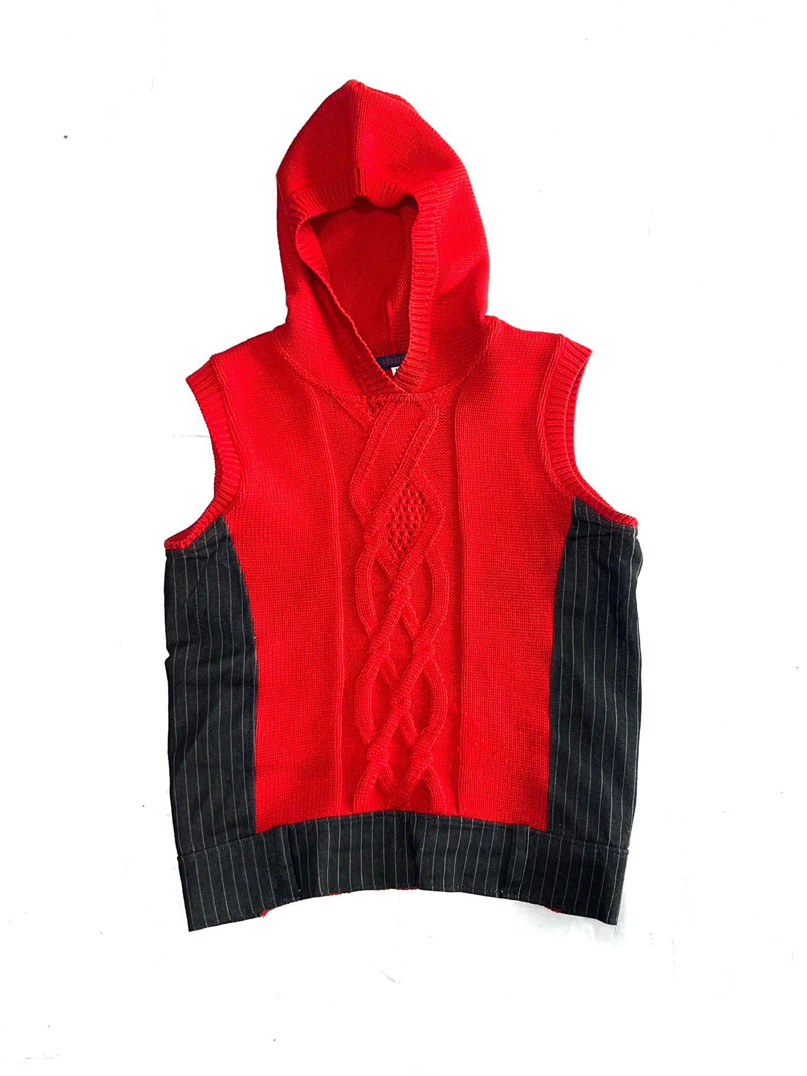 KENZO Jeans Wool Cable Knit Pinstripe Hooded Vest