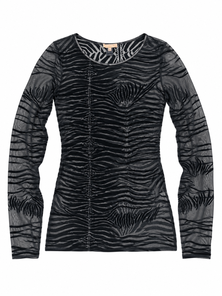 ROBERTO CAVALLI 2000s FLOCKED SKELETON ZEBRA MESH TOP