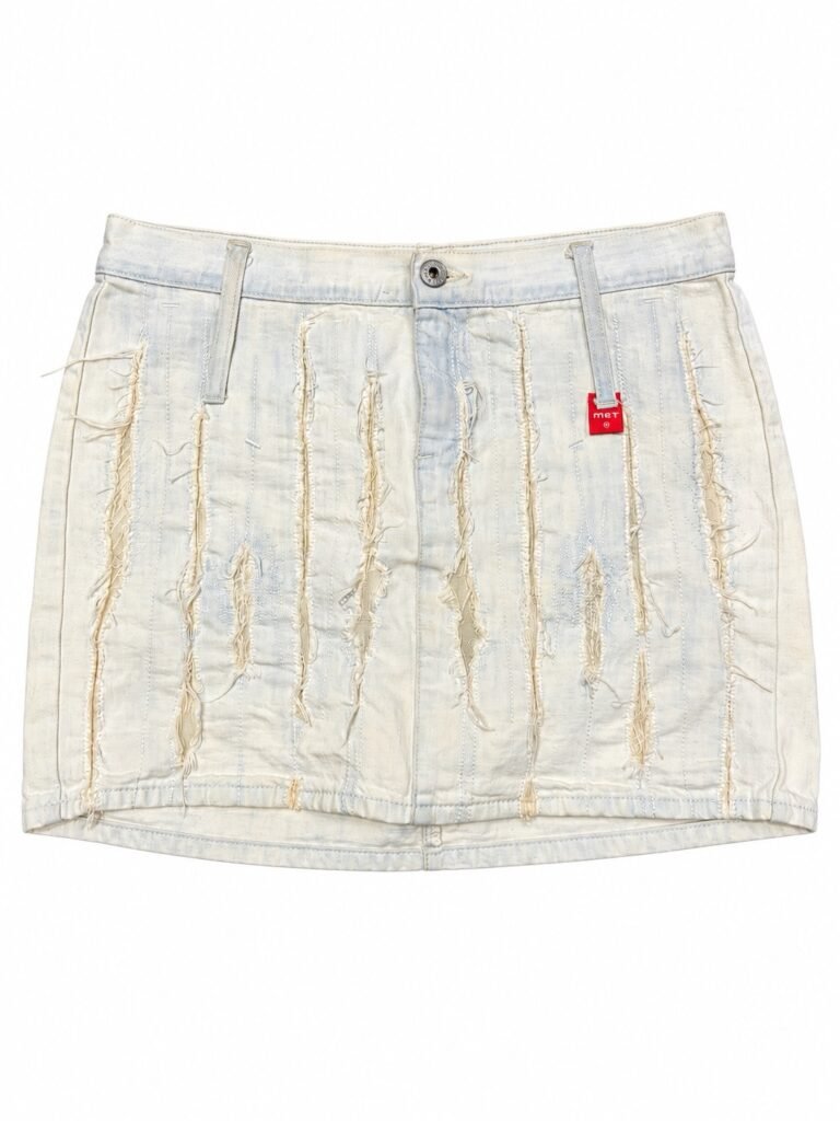 MET 2000s OFF-WHITE DISTRESSED DENIM MINI SKIRT